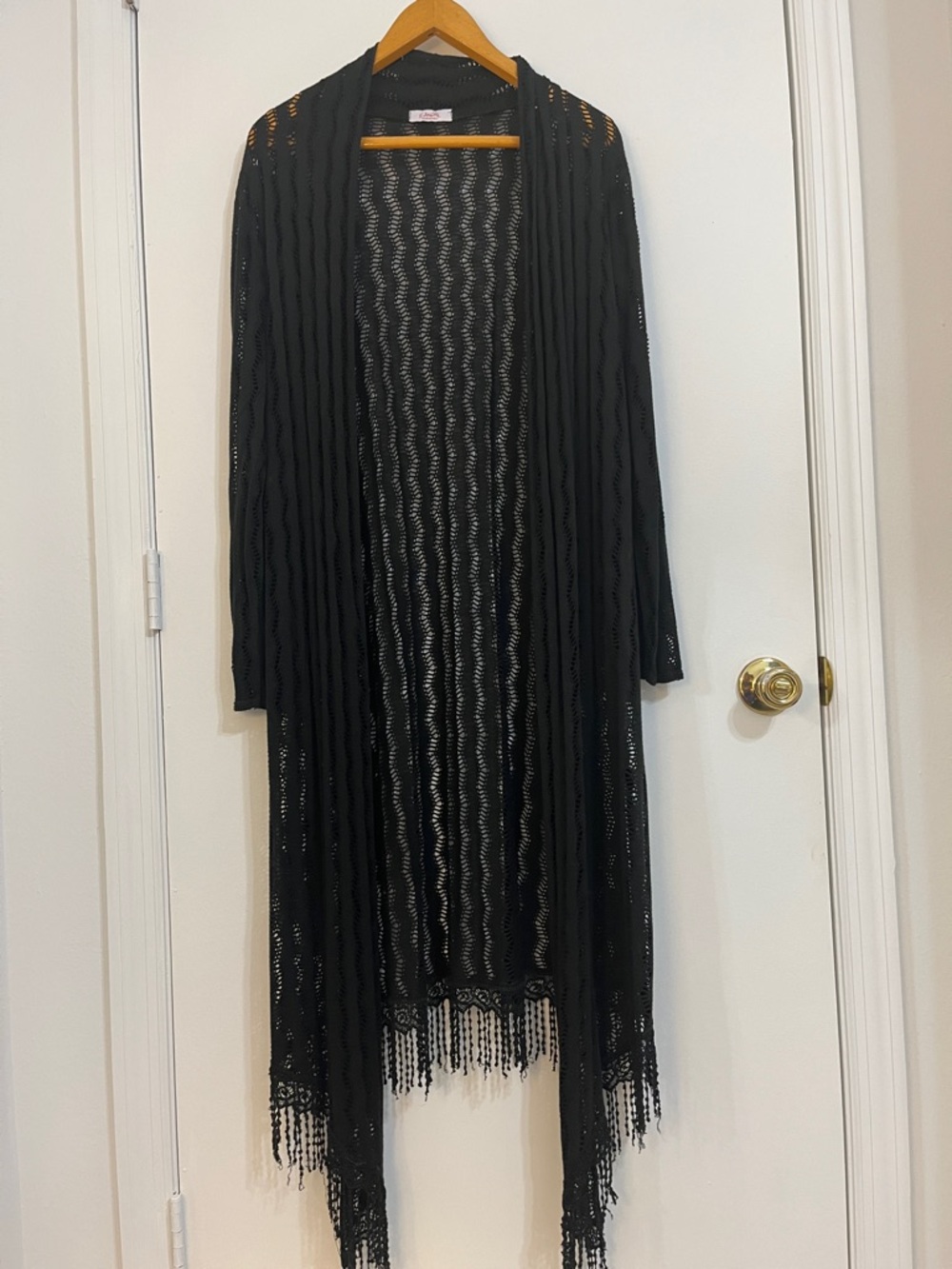 Scandal Open-Weave Black Crochet Cardigan with Fringe made in Italy.